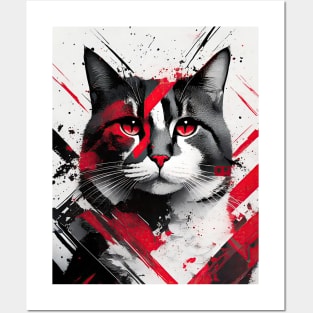 Cat Portrait: Earl of Whiskerton, Crimson Abstract Posters and Art